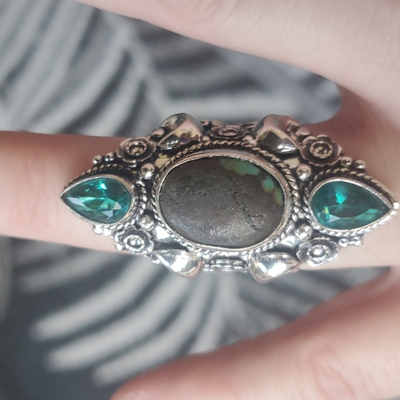 New Turquoise & Diopside 925 Silver Crescent Moon Statement Ring. - Picture 5 of 12